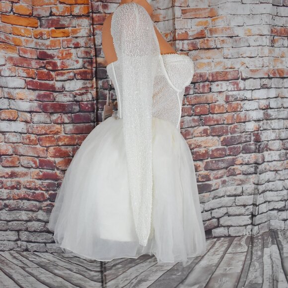 Oh Polly Embellished Long Sleeve Tulle Skirt Mini Dress Size 8 White Regular Cup - Picture 9 of 12